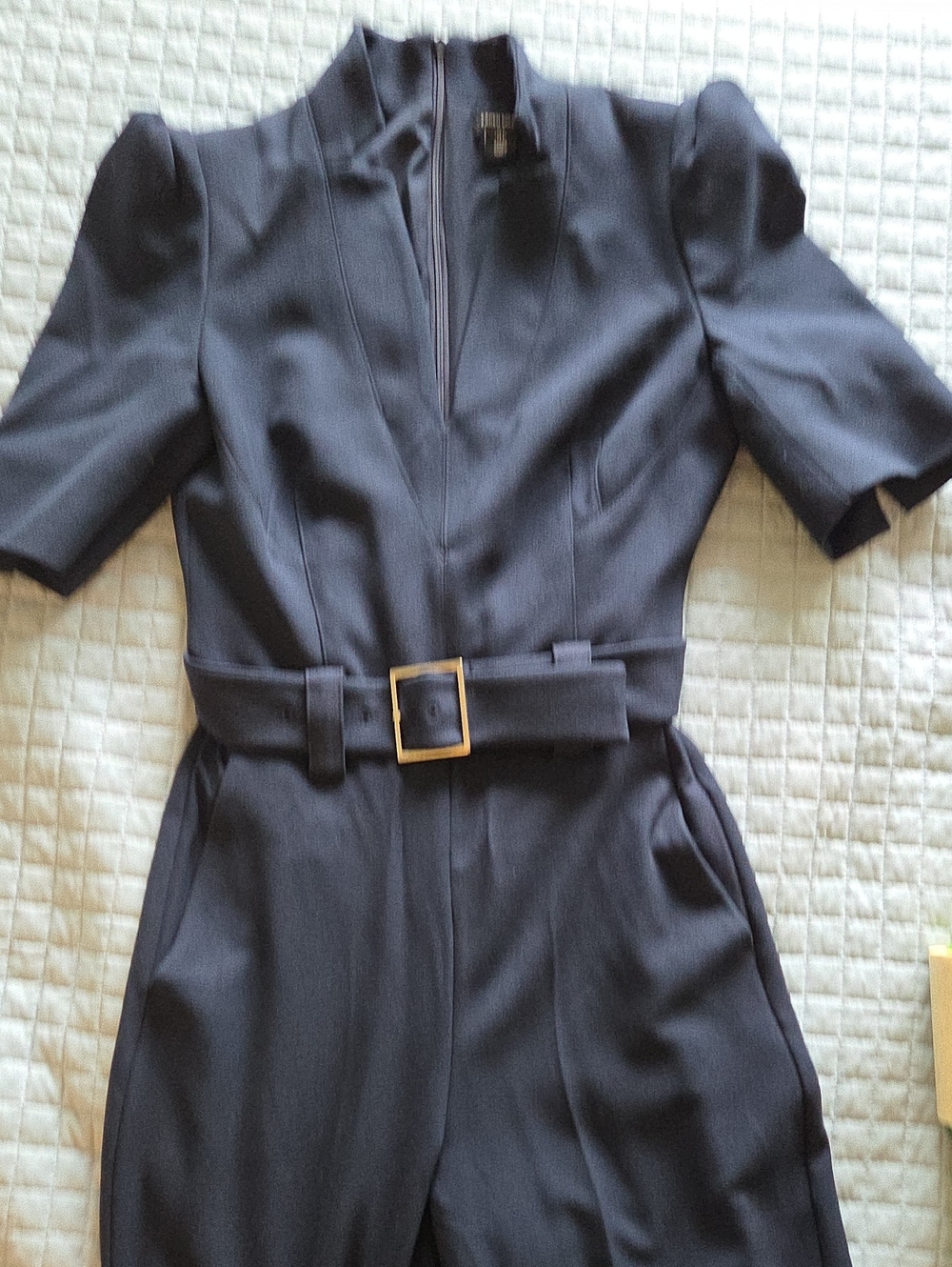 Karen Millen Navy Short-Sleeve Belted Jumpsuit with Gold Buckle